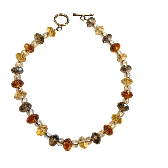 Faceted Crystal Bead Bracelet Toggle Clasp Amber Clear Gold Tones Handcrafted - Picture 2 of 5